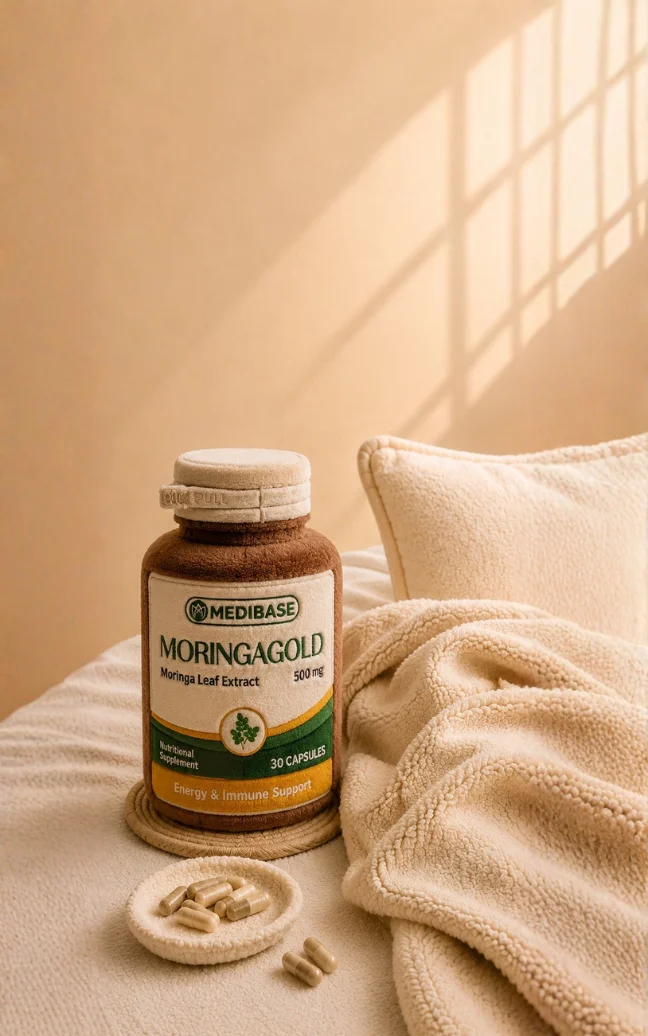 Medibase Moringa Gold natural herbal supplement jar packaging
